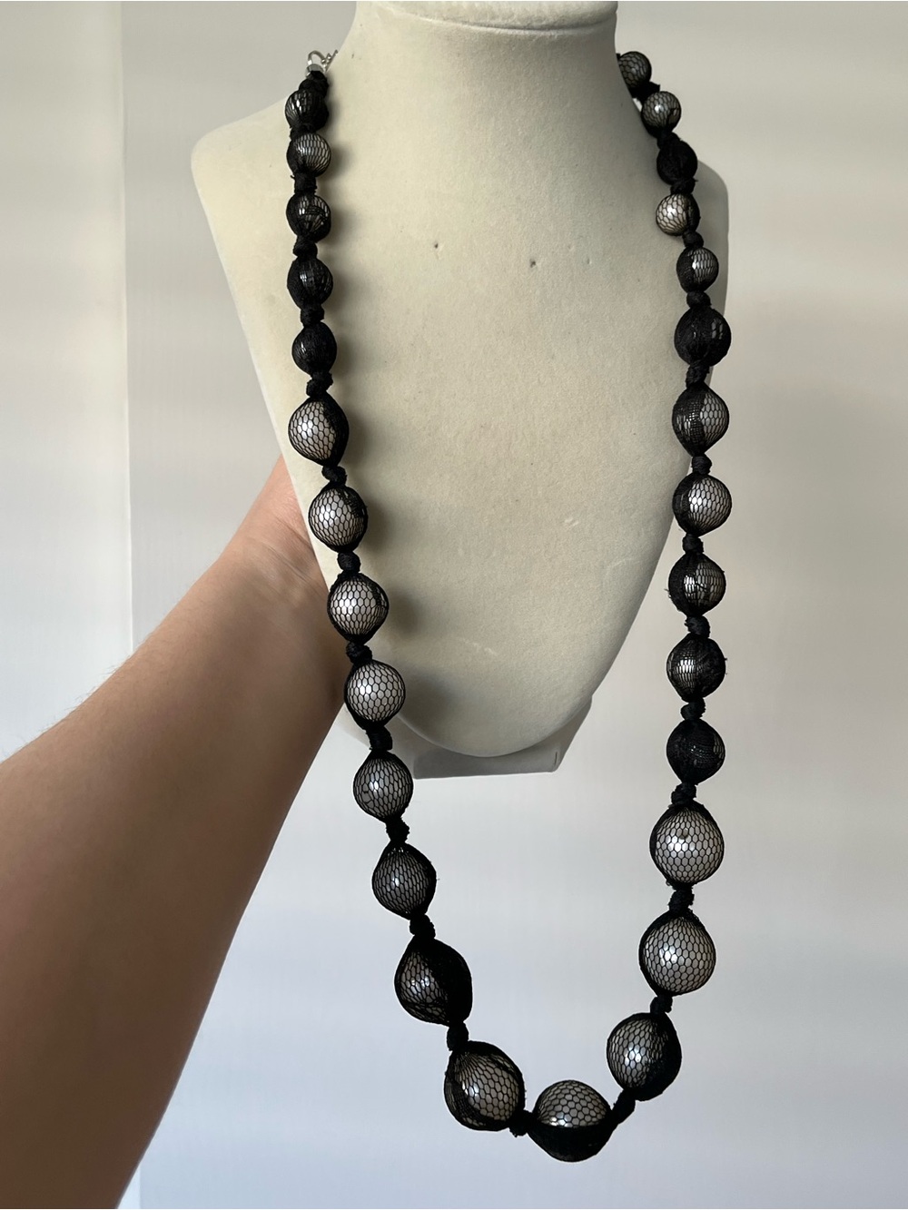 Mermaid fish mesh black and faux chunky pearl necklace 24” Disney